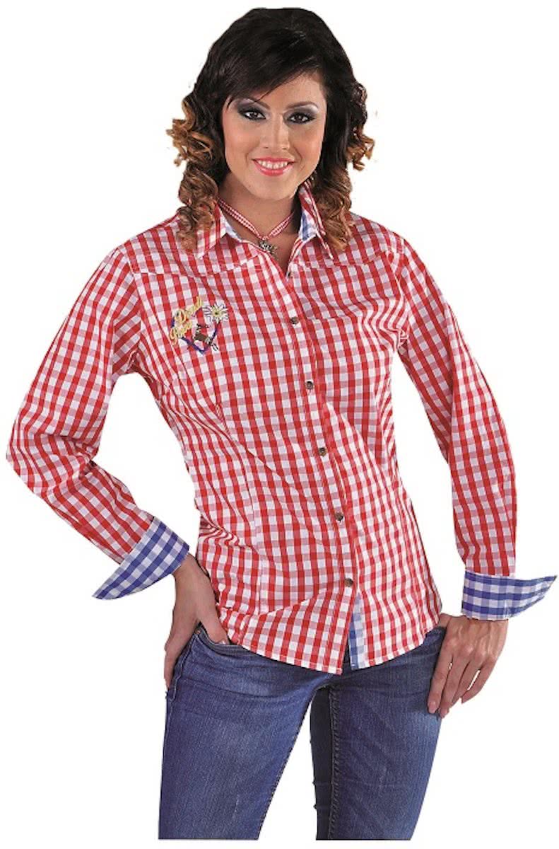 Luxe rood-wit geblokte Oktoberfest blouse voor dames | Edelweiss tiroler kleding maat M (38/40)